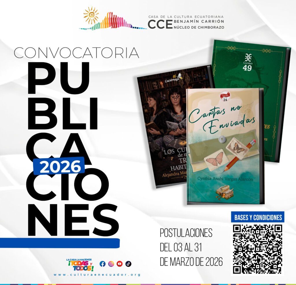 Con el firme propósito de fortalecer la identidad local y visibilizar el talento de los escritores provinciales, la Casa de la Cultura Ecuatoriana (CCE) Núcleo de Chimborazo invita a autores nacidos en la provincia o residentes por más de seis años a postular sus obras literarias inéditas. Esta convocatoria abierta busca seleccionar varias obras literarias para ser publicadas bajo el sello editorial de la institución, abarcando diversas colecciones que van desde la poesía hasta el ensayo jurídico e histórico.
